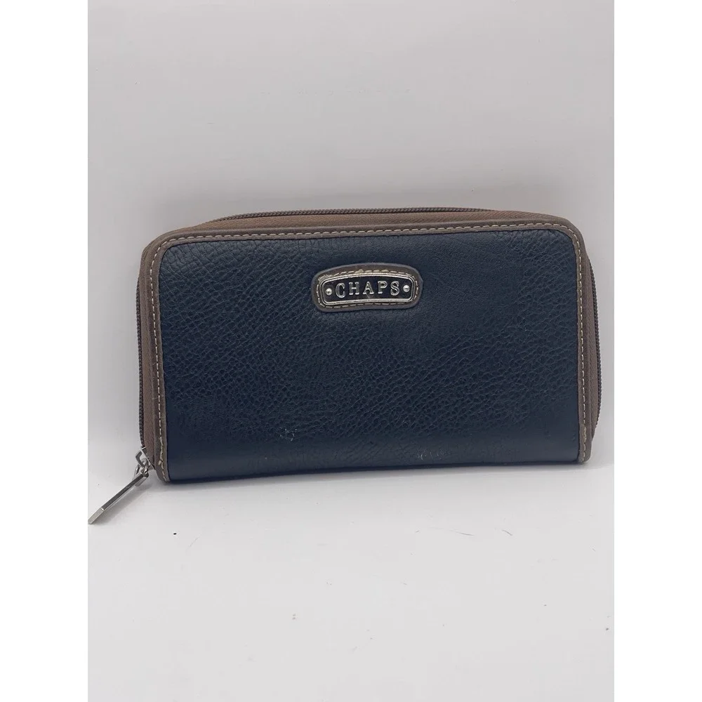 Chaps Women's Wallet Brown Pebbled Leather Card Holder Zip Pouch